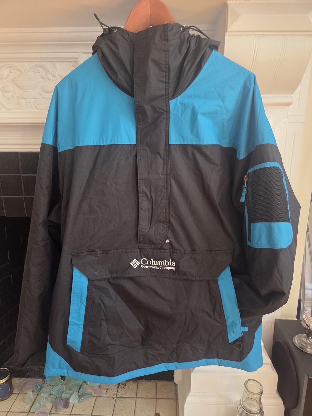 VTG 90s Columbia Anorak windbreaker pullover Black Turquoise Colorblock - L